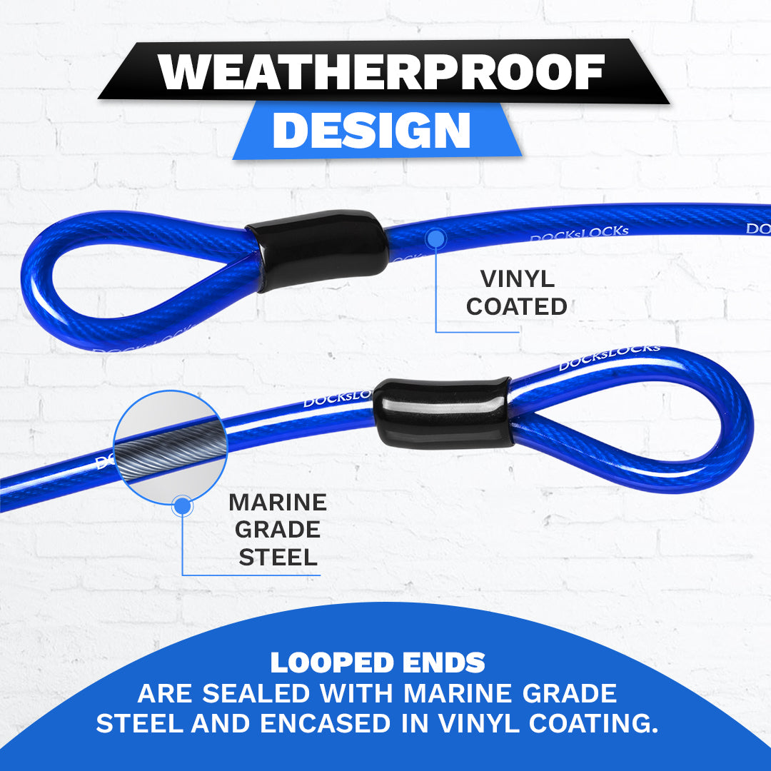 Câble de sécurité enroulé DocksLocks® antivol et résistant aux intempéries avec extrémités en boucle (5', 10', 15', 20' ou 25')