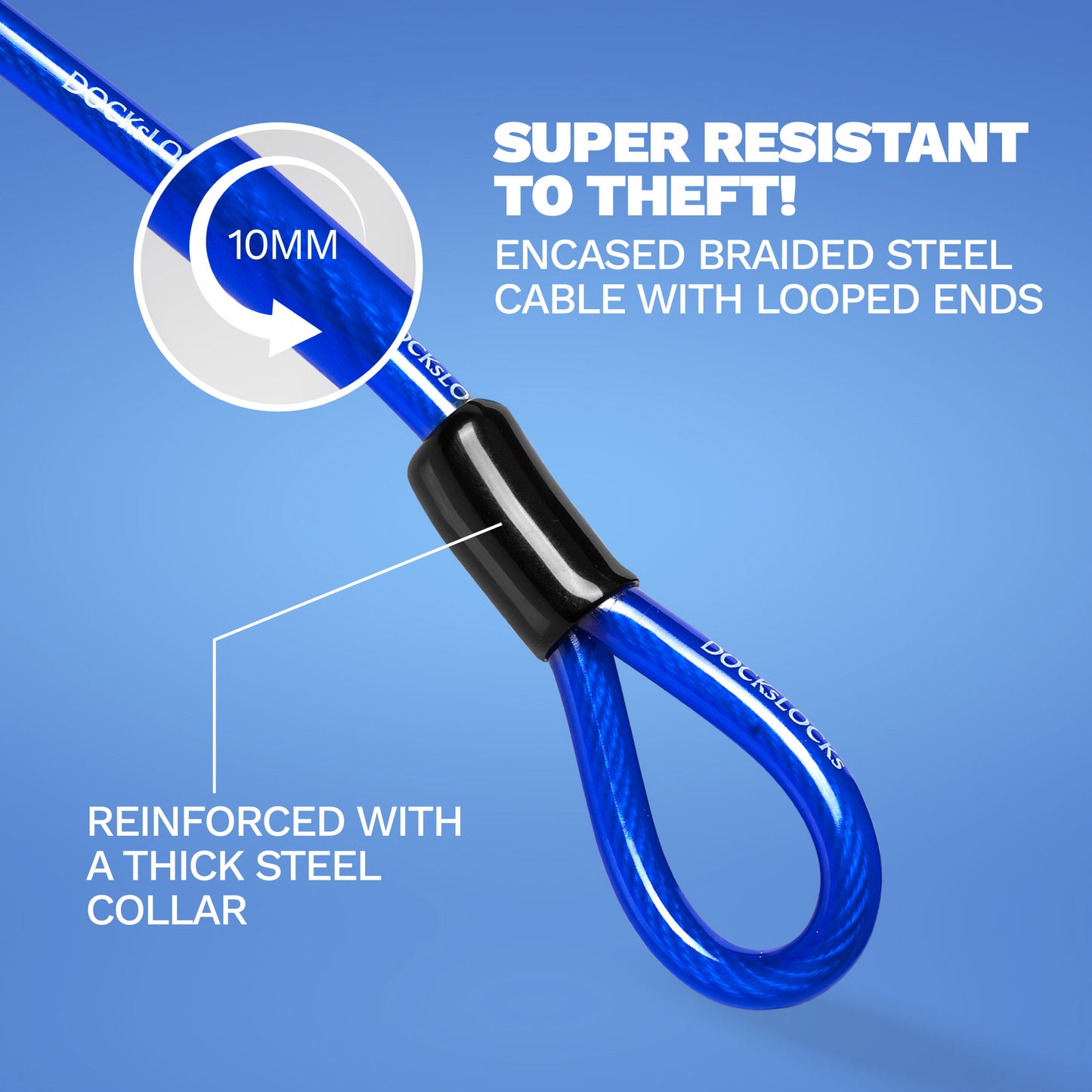 Câble de sécurité droit antivol DocksLocks® résistant aux intempéries avec extrémités en boucle (5', 10', 15', 20' ou 25') 