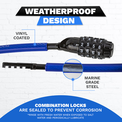 Câble de sécurité droit antivol DocksLocks® résistant aux intempéries avec cadenas à combinaison réinitialisable (5', 10', 15', 20' ou 25')