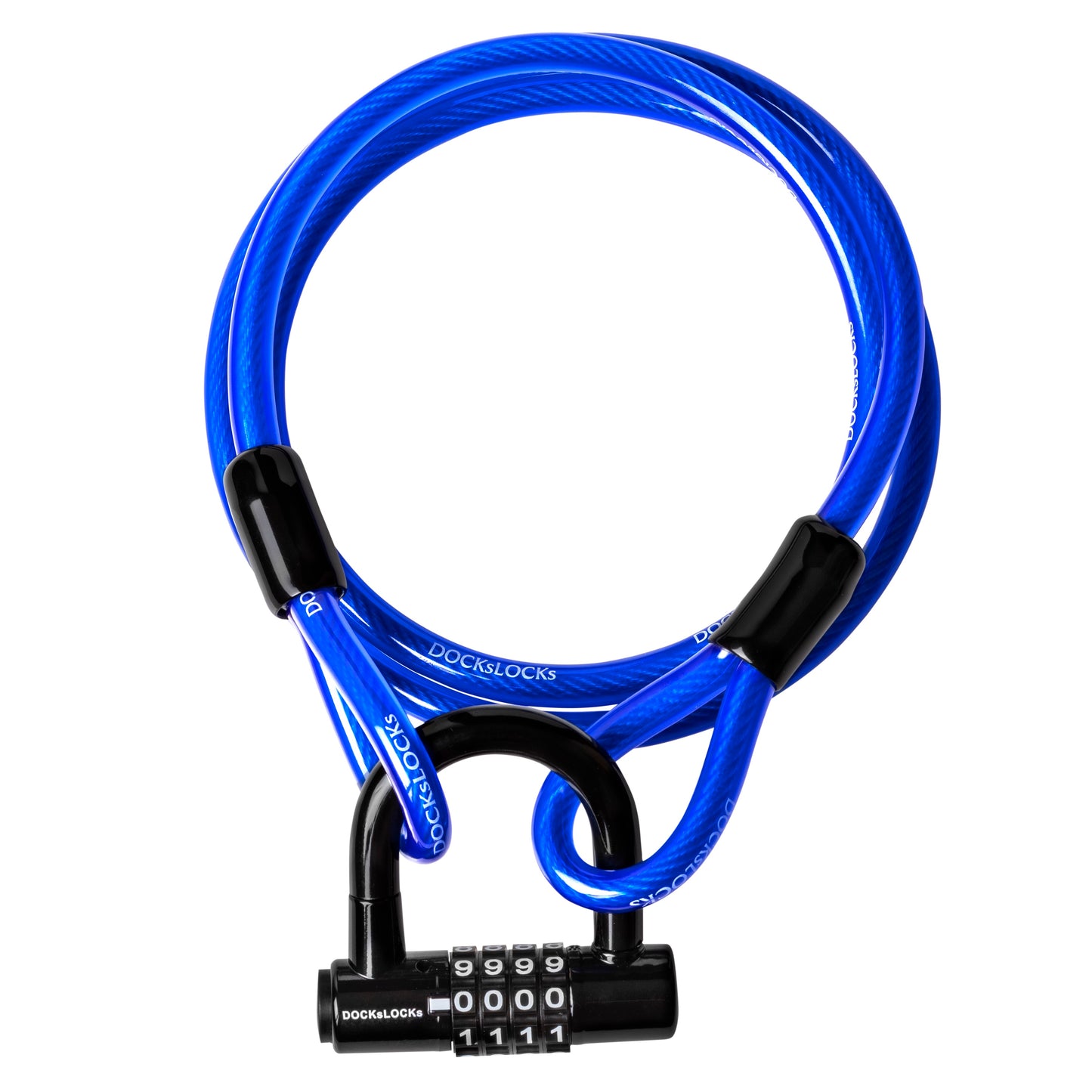 Câble de sécurité droit antivol DocksLocks® résistant aux intempéries avec extrémités en boucle et cadenas en U à anse courte (5', 10', 15', 20' ou 25') 